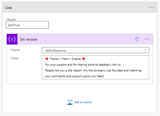 In the dialog box, you can set values for the case where the input response equals positive, assign the text in the Value field to the VatBotResponse variable.