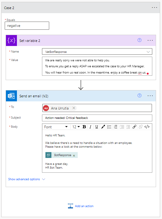 In the dialog box, you can set values for the case where the input response equals negative, plus create an email alert, which appears in another dialog box, where you set a designated person or group with custom details and some boilerplate text including the negative response received.