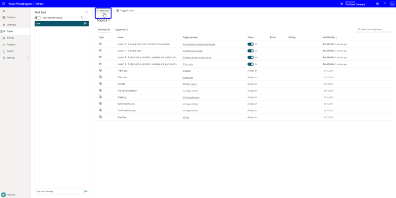 At the top of the Power Virtual Agents form, click + New topic and name the topic Employee feedback.
