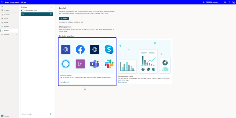 The Publish form lets you start the process of publishing HR Bot to a channel.