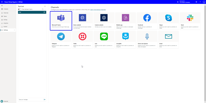 As part of publishing your Power Vitual Agent, choose Microsoft Teams as the channel where you want it to be used.