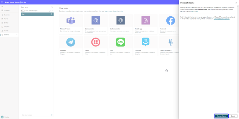 Power Virtual Agents studio showing the ability to Turn on Teams to publish HR Bot just created.
