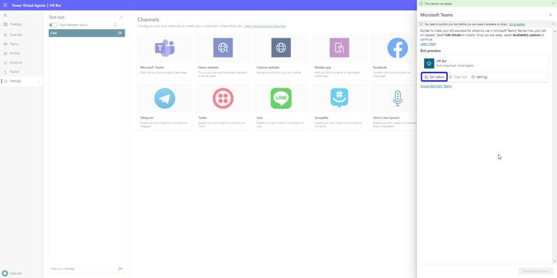 Power Virtual Studio showing how to edit details before publishing the HR Bot within Microsoft Teams.