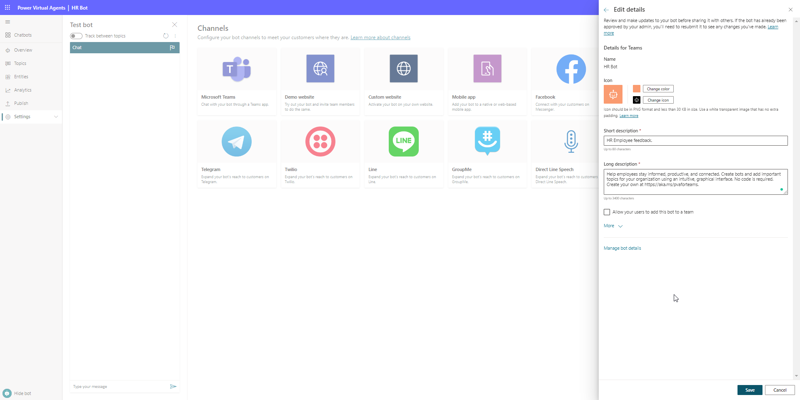Image showing Power Virtual Agents studio, editing the color of the bot, short and long descriptions.