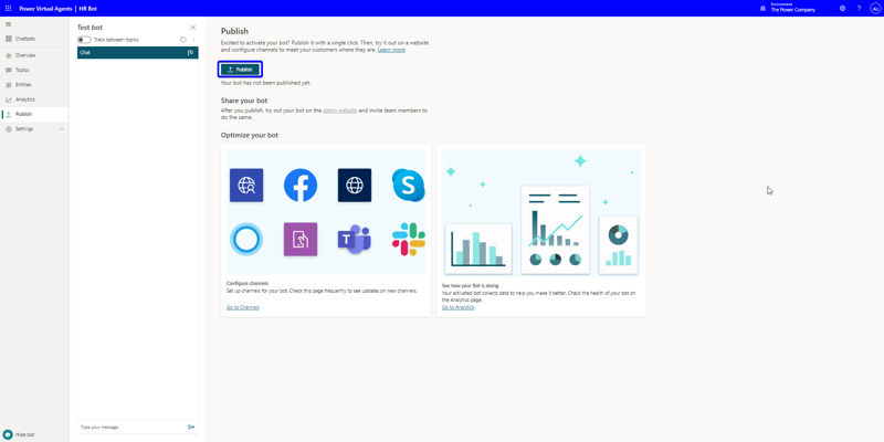 Image showing Power Virtual Agent studio, ready to publish the bot.