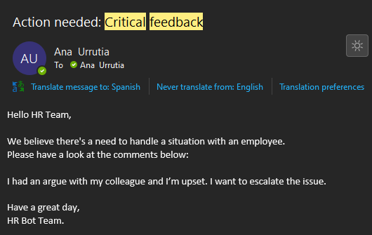 This screenshot shows the email generated from the flow for a detected negative sentiment interaction which includes the response text from the user.