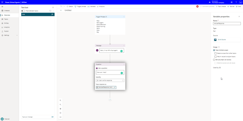 Power Virtual Agents studio shows three boxes, one to indicate trigger phrases, a welcoming message and a question for the user to answer.