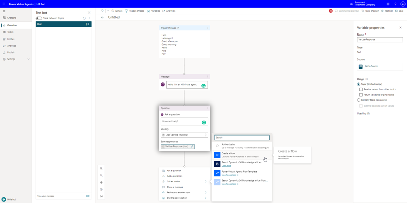 After a Power Virtual Agent question, create an action, which launches Power Automate in a new window.