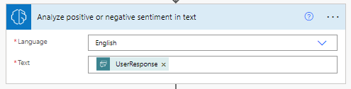 A dialog box prompts you to choose a language from a list and then add an action to have the text the user typed analyzed for positive or negative sentiment.