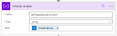 A dialog box prompts you to create a string variable named VerFeedbackSentiment initialized with the Overall text sentiment.