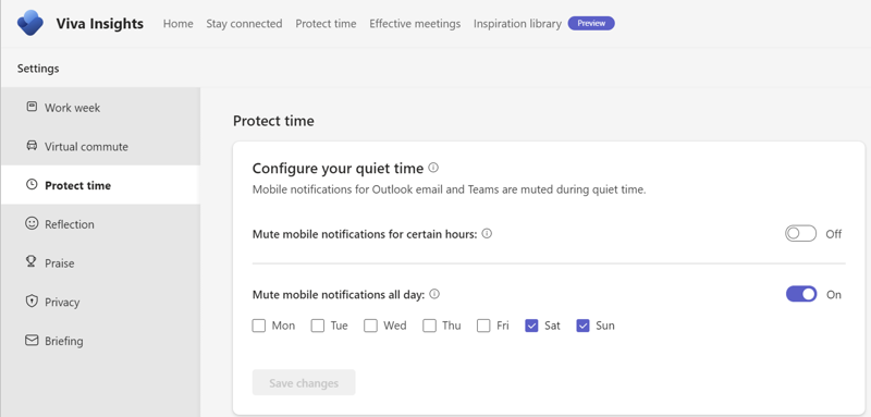 Screenshot shows the configure your quiet time settings which mutes mobile notifications on specific days of the week.