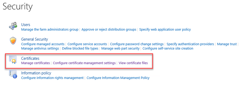 A screen capture showing the SharePoint Central Administration Security options, with Certificates highlighted.