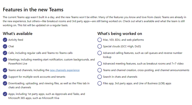 Screenshot of the full list page of features available now in the new Teams plus a list of features being worked on.