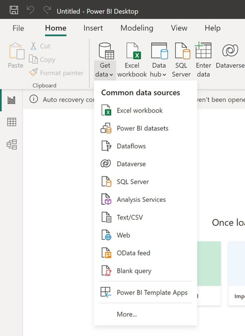 A screenshot of Power BI Desktop, with the focus on the Home tab in the ribbon. The Get data drop-down button is selected, showing data source options.