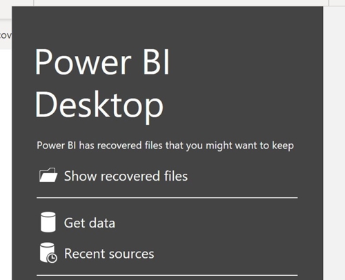 A screenshot of the Power BI Desktop pop-up  window showing the Get data option.