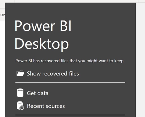 A screenshot of the Power BI Desktop pop-up window showing the Get data option.
