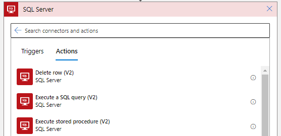 Screenshot of the SQL Server connector and selecting the action named Execute a SQL query (V2)