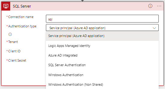 Screenshot of setting up the authentication type for the SQL Server connector. The connection name is sql and the Authentication type is Service principal (Azure AD application)