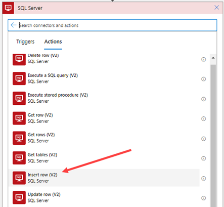 Screenshot of the actions list again for the SQL Server connector, this time selecting Inert row.