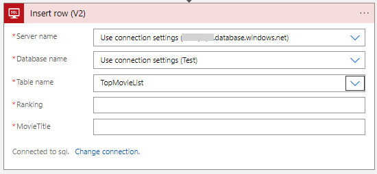 Screenshot of configuring the insert row action. Indicate the server name and the name of the database; Test.