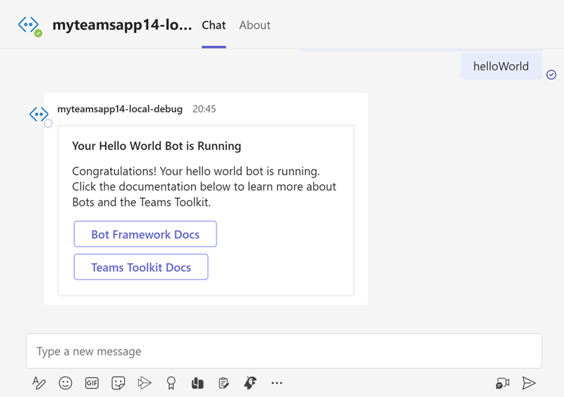 A screen cap congratulating you for a successful Hello World bot set up