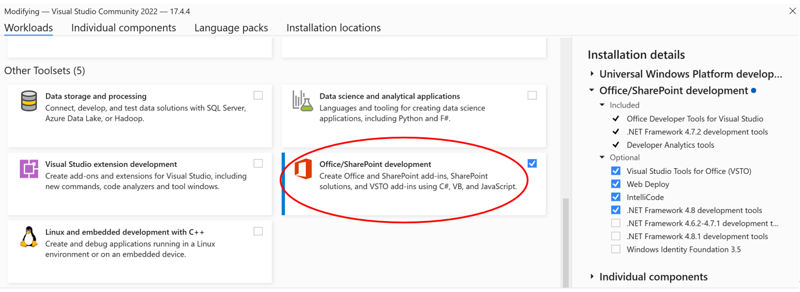 A screen cap of the Visual Studio Workloads page with five options, and showing the Office/SharePoint development option highlighted