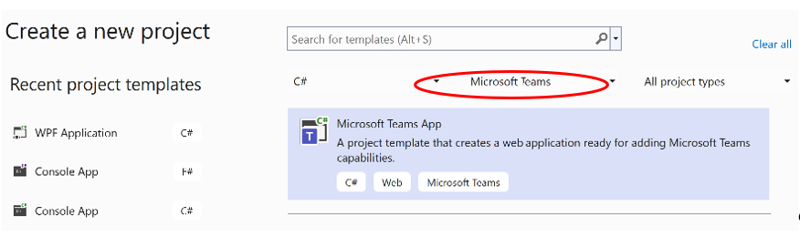 Screen cap of the create new project dialog with Microsoft Teams highlighted