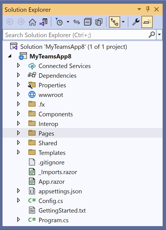 A screen cap of Solution Explorer showing a list of 17 options under MyTeamsApp8