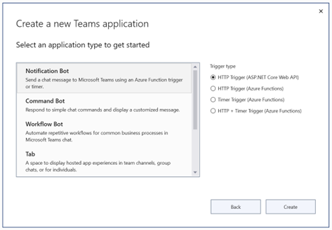 A screen cap of the Create a new Teams application showing several options for creating bots and identifying trigger types