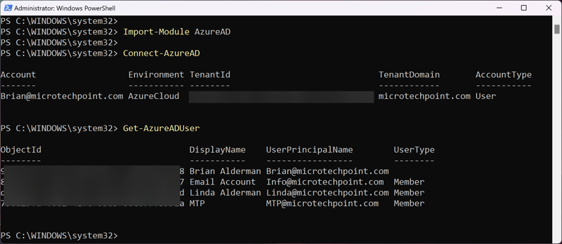 The PowerShell command screen showing the tenant domain and account type, as well as four user names, their email addresses, and their user types. 