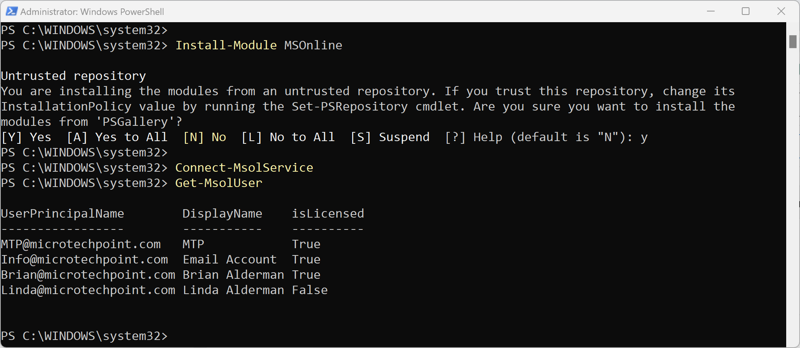 The PowerShell command page showing the status of untrusted repository and whether certain users are licensed or not. 