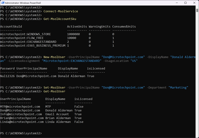 A PowerShell screen showing Active, Warning, and Consumed units, licensing for new user “Don,” and adds the new user data to the list of email addresses and licensing data.