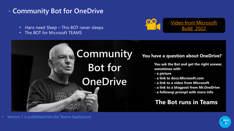 An image of the author, Hans Brender, and a promotion with details about the Community Bot for OneDrive.