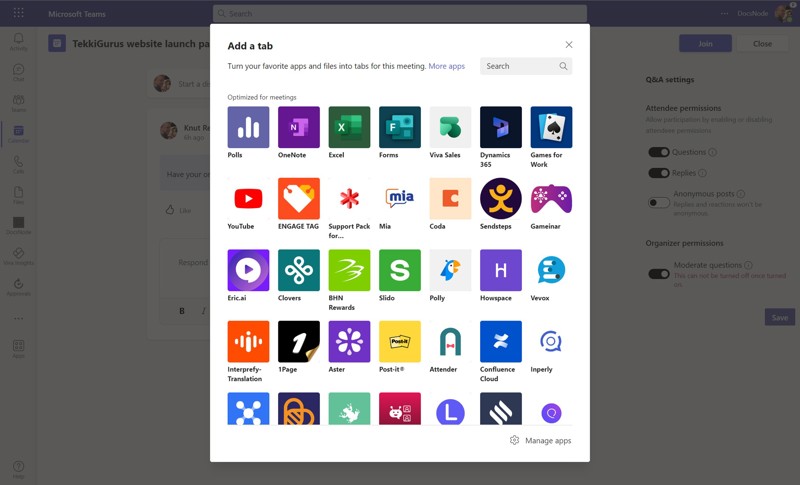 Image showing window with all the different apps that can be added as a tab to your webinar.
