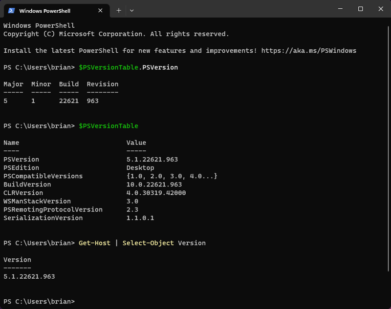 A PowerShell screen showing statistics about the current installation of PowerShell, including version, edition, compatible versions, build version, CLR version, WSMan stack version, Remoting Protocol version, and serialization version. The version is shown in two places, spelled out (5.1.22621.963) at the bottom of the screen, and broken out into major release, minor release, build, and revision near the top of the screen. The version is also listed as a value in the results. 