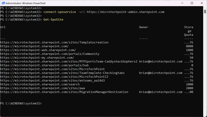 A screenshot showing the connection to SPO via PowerShell and verifying a successful connection using Get-SpoSite. It lists the name/URL, the owner, and the storage quota.