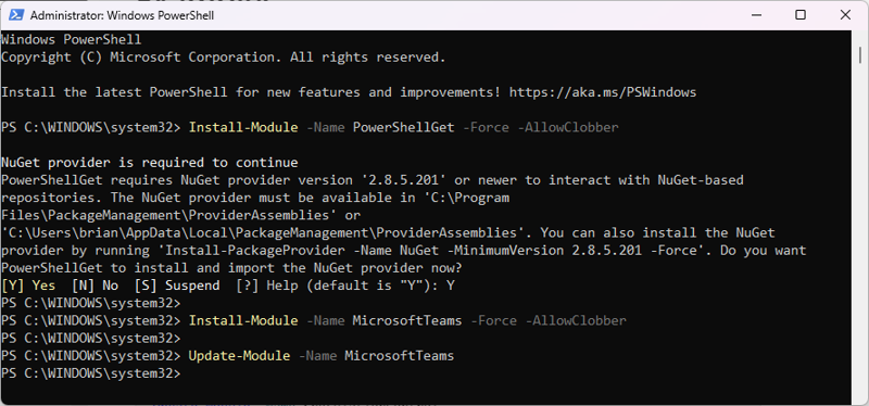 The administrator page in Windows PowerShell showing the installation progress. It lists that NuGet is required to continue and what version is necessary, including asking whether you want to install and import the NuGet provider.