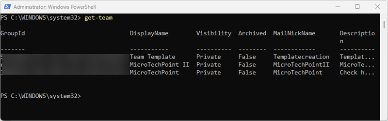 Screenshot showing the output of the Get-Team PowerShell script with GroupId, Display Name, Visibility, Archived, Mail Nickname, and Description columns.