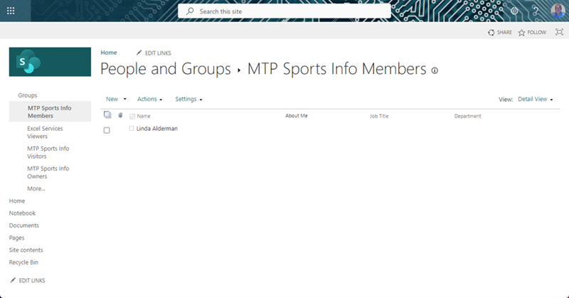 A screenshot of a new site created using the New-SpoSite PowerShell cmdlet. It’s called People and Groups > MTP Sports Info Members and has one member listed. 