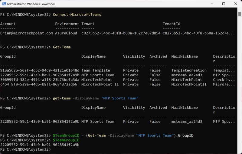 The administrator screen of PowerShell, showing the results of the Get-Team command, including the Display name, visibility, whether its archived or not, the mail nickname, and the description. Four teams are listed with GUIDs, names, and the other information filled out. 