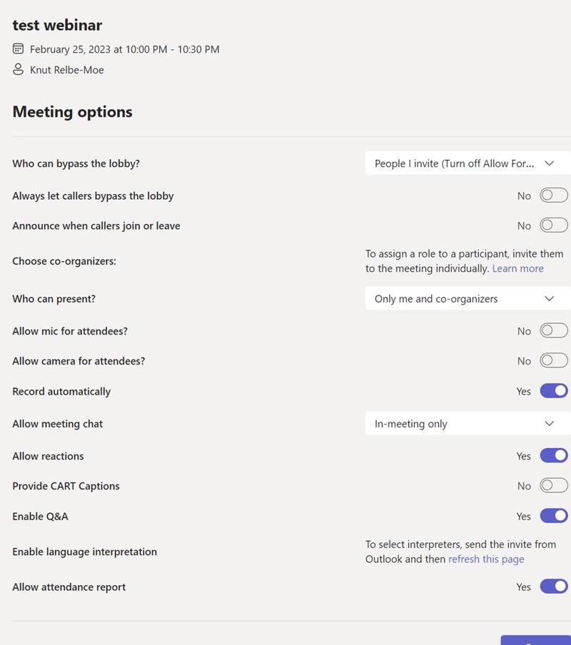 Image showing the meeting option screen where the user can configure all the options for the meeting, for instance if the attendees will be given the opportunity to turn on/off microphone and camera.