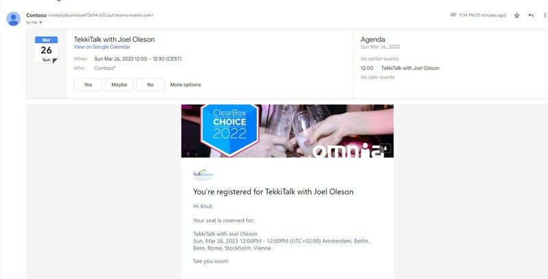 Image showing the confirmation email with information about what the user registered to, with title, date, and description.