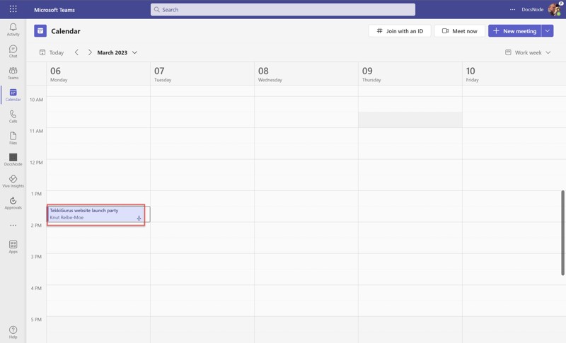 Image showing the calendar view inside of Microsoft Teams with highlight of the webinar
