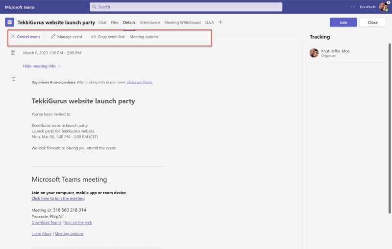 Image showing the selected webinar from inside of Microsoft Teams, where the user can modify and cancel.