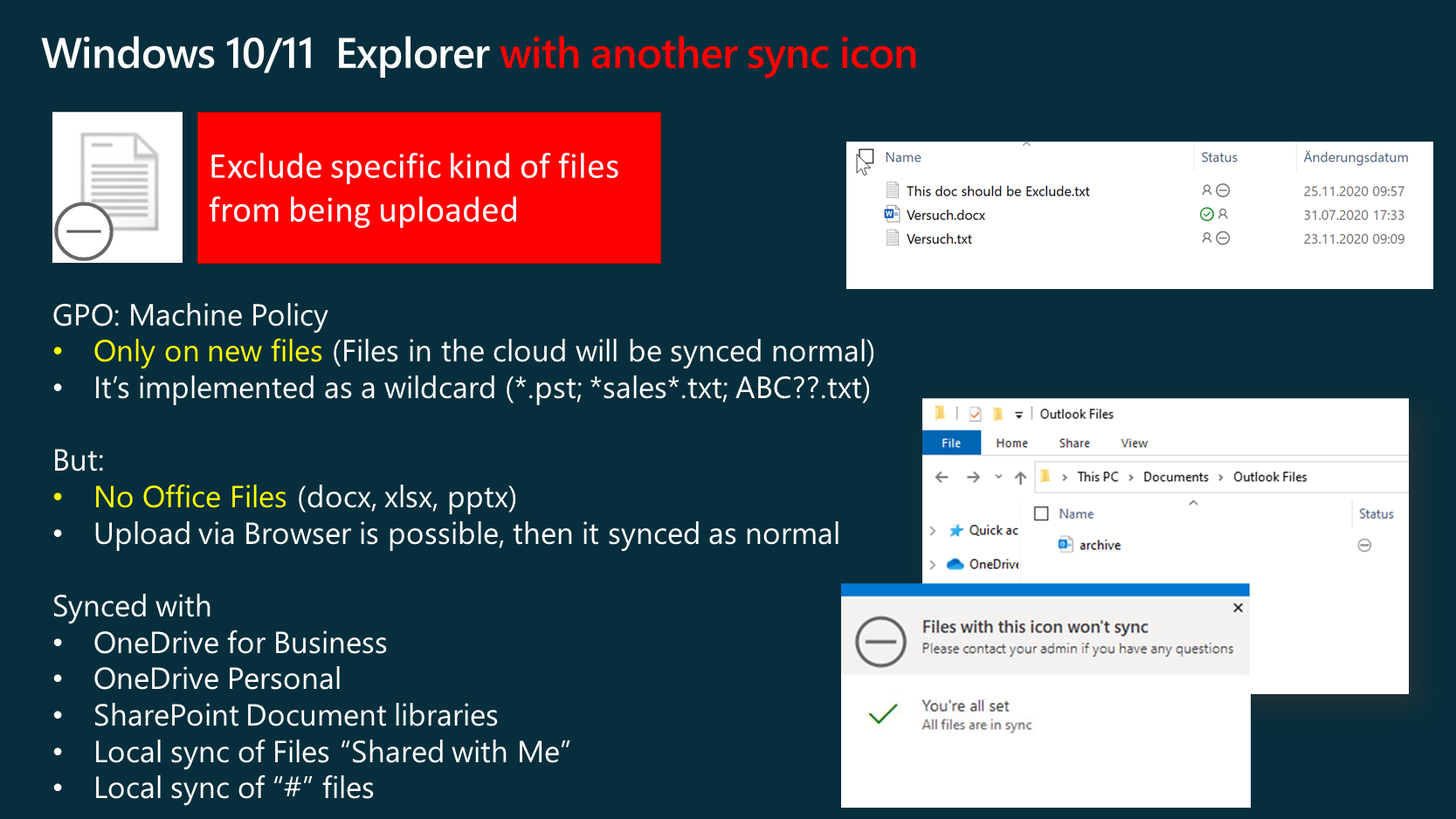 A slide image with text and screenshots shows some characteristics of the Computer Group Policy and special features. The slide describes how using a group policy, you could use wildcard characters to exclude some files from sync to the cloud.