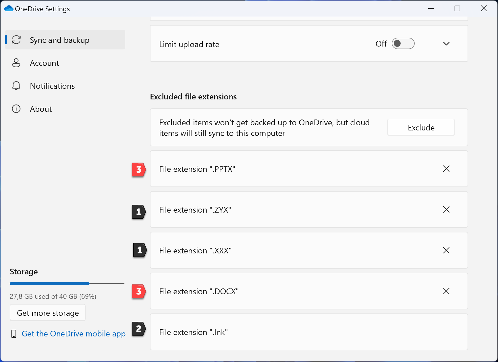 The screenshot in Figure 2 shows the settings of a OneDrive Personal account. Here, excluded file extensions are ZYK, XXX, and lnk.