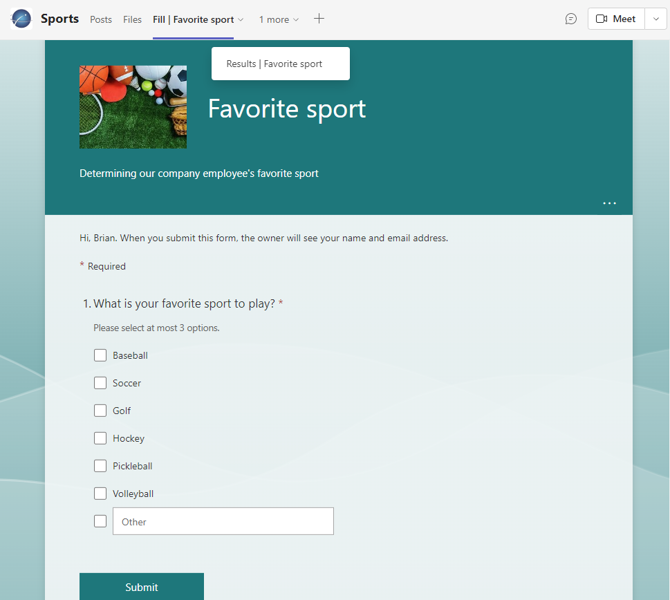 A screen capture showing a list of favorite sports to choose from 