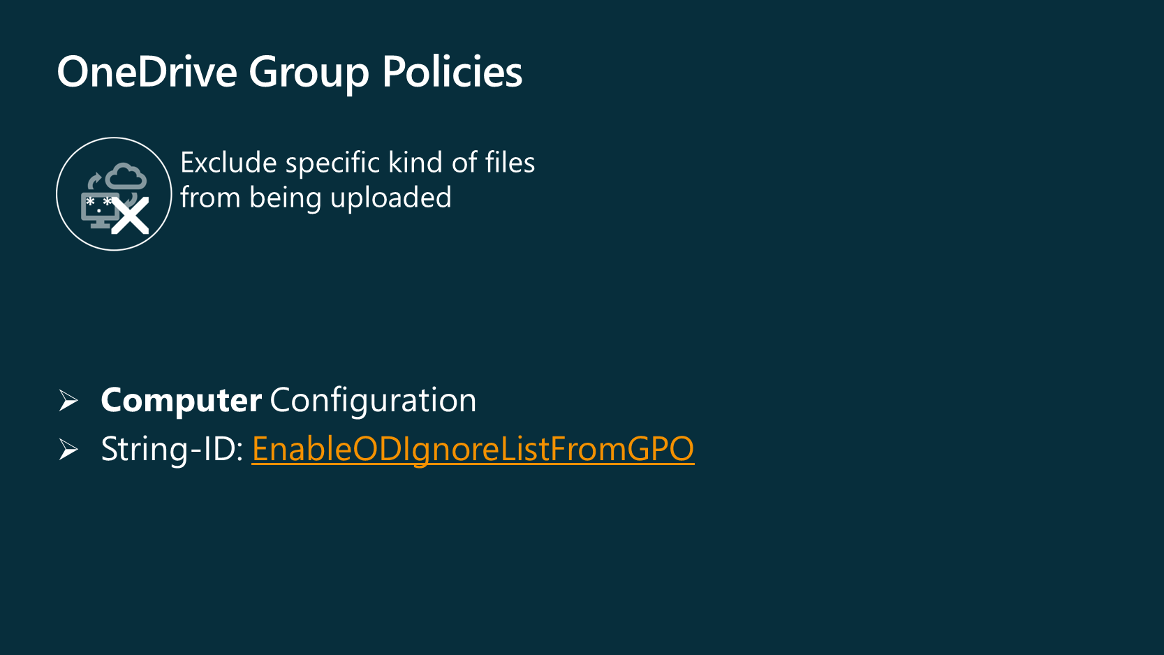 Screenshot shows OneDrive Group Policy in the computer configuration with the String-ID set to EnableODIgnoreListFromGPO.