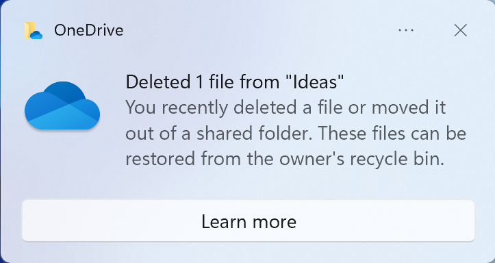 The image shows the warning after deleting a file from a shared folder in OneDrive for Business.