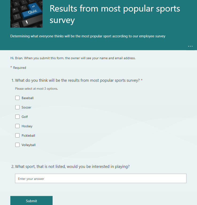 A quiz asking which sports the test taker thinks will be most popular, listing baseball, soccer, golf, hockey, pickleball, and volleyball, and providing a space for the test taker to add a sport that they’d be interested in playing that isn’t listed. 